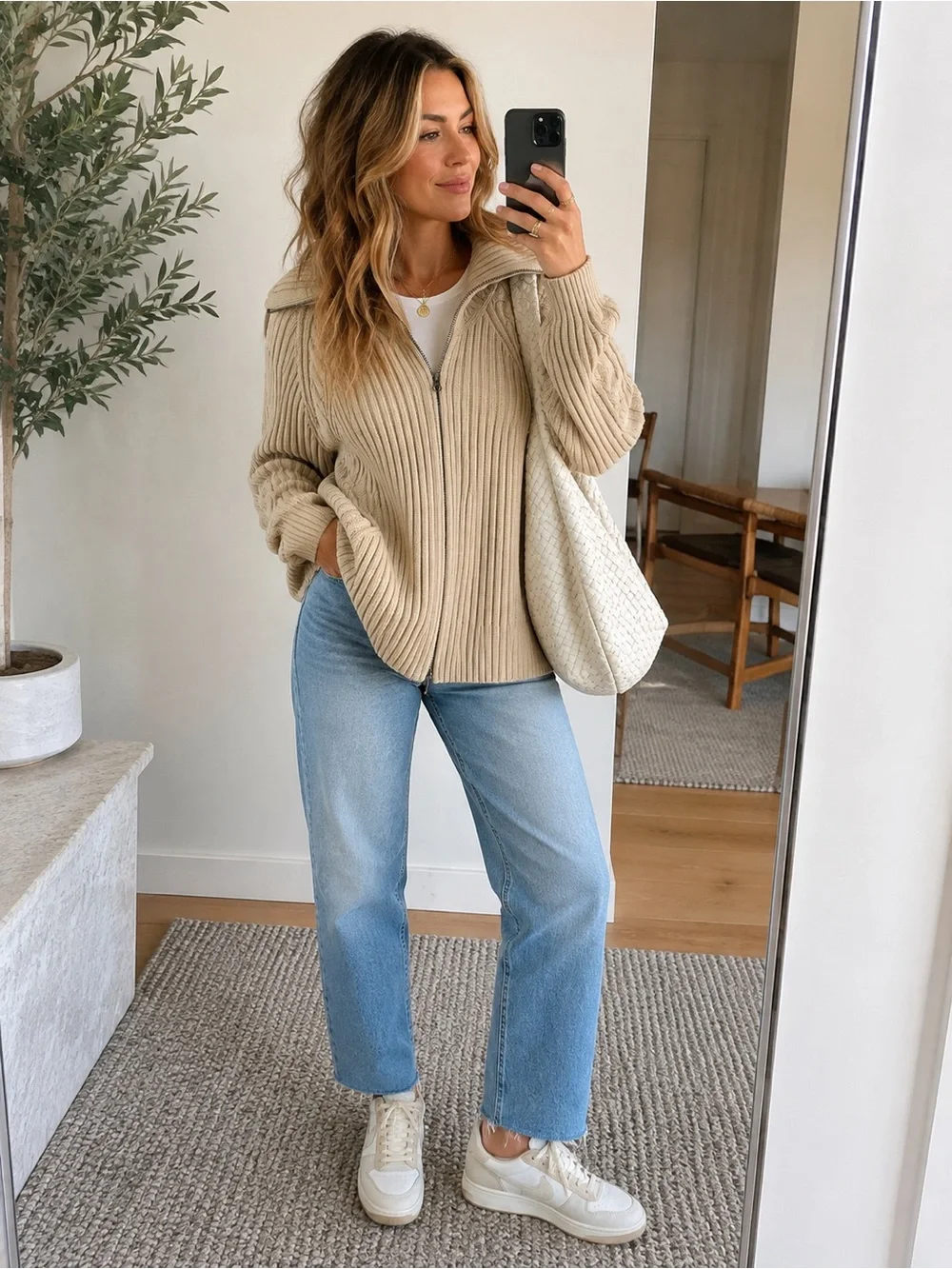Karen Scott Cable Knit Zip-Up Cardigan Sweater XL Beige Neutral